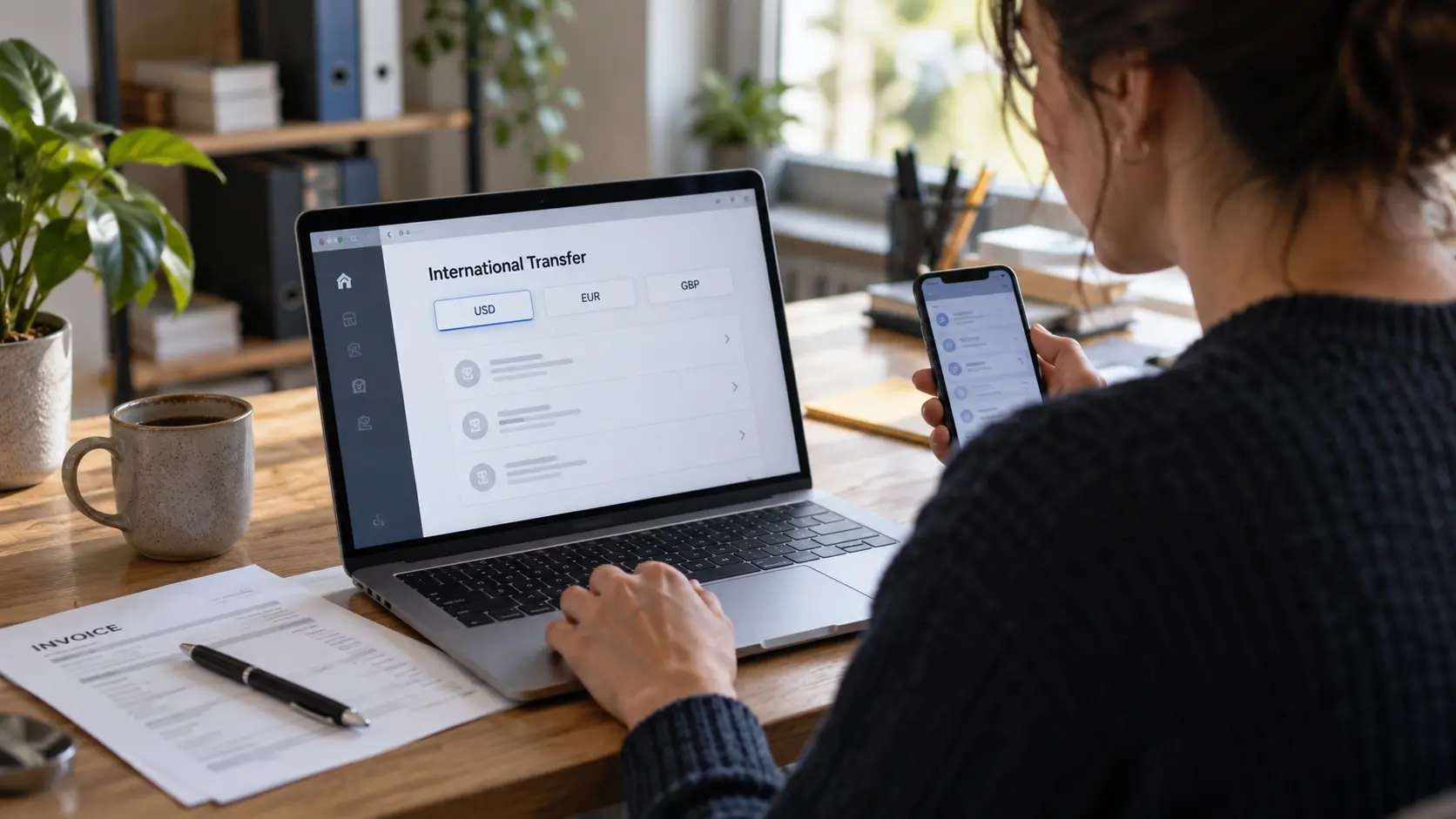 Small business owner checking an international transfer